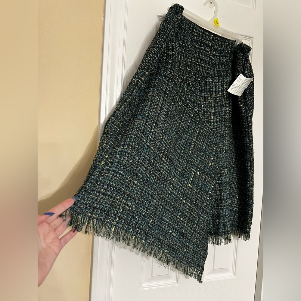 Navy, Green & Yellow Metallic Classic Tweed Asymmetrical Frayed Edge Skirt. - Picture 3 of 14